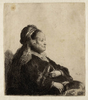 KG 03909
<br/>
Rembrandt's moeder zittend, met oosterse hoofdtooi ( B 348 )
<br/>
<em>Rembrandt (1606-1669)</em>